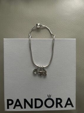 Pandora Sterling Silver Bracelet with three sterling silver charms